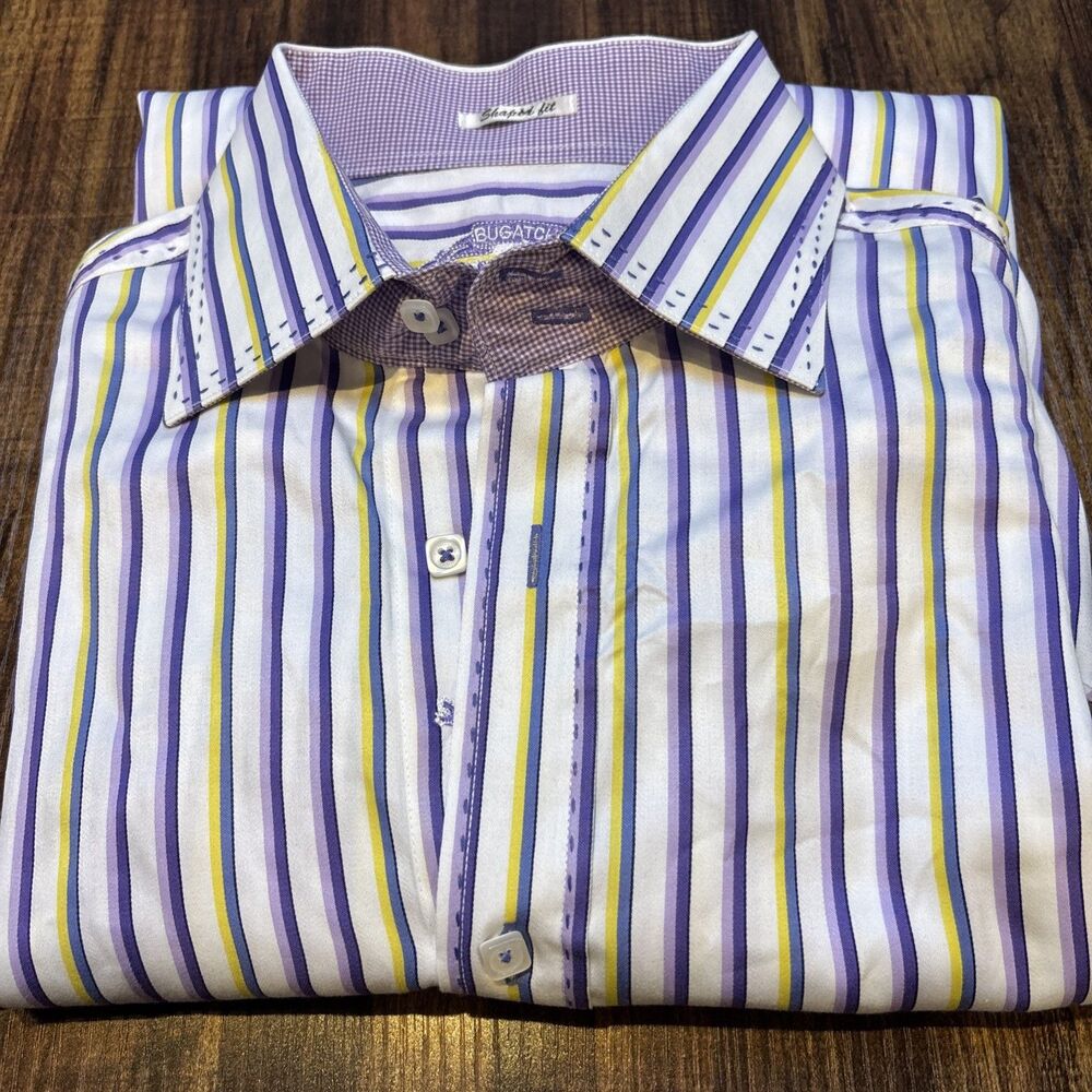 Bugatchi Men's Striped Button-Up Shirt Shaped Fit Long Sleeve Collared Cotton L